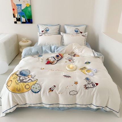 91家纺网 家纺一手货源 找家纺 （总）西西家居 2024新款LF60支奥地利兰精天丝绣花款四件套--环游宇宙