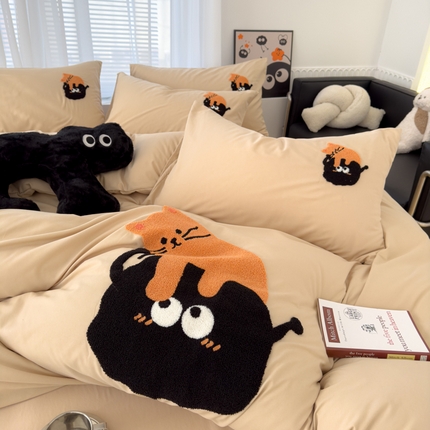 曼谷家纺 年新款熊猫毛巾绣四件套柔软磨毛床上用品水洗棉套件 小猫-奶茶