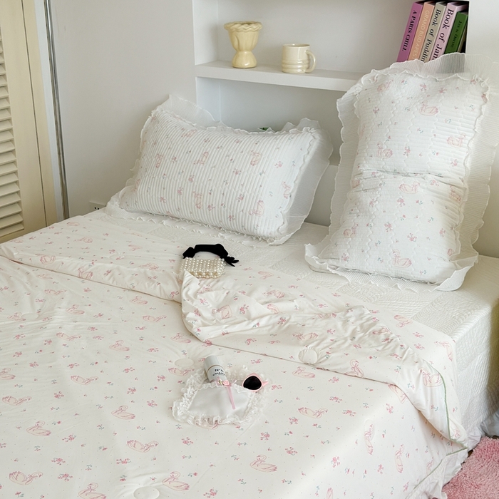 91家纺网 家纺一手货源 找家纺 昔可家纺 2024新款凉感冰皮床盖和同款夏被 蝴蝶结天鹅