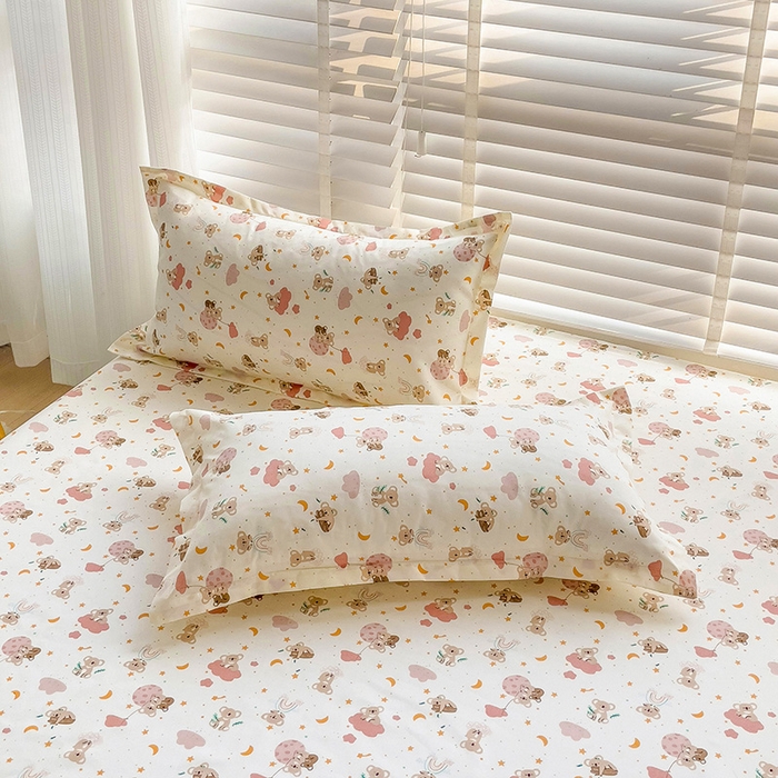 91家纺网 家纺一手货源 找家纺 楠沐家纺 2025新款亲肤印花芦荟棉水洗棉床笠系列 彩虹猴