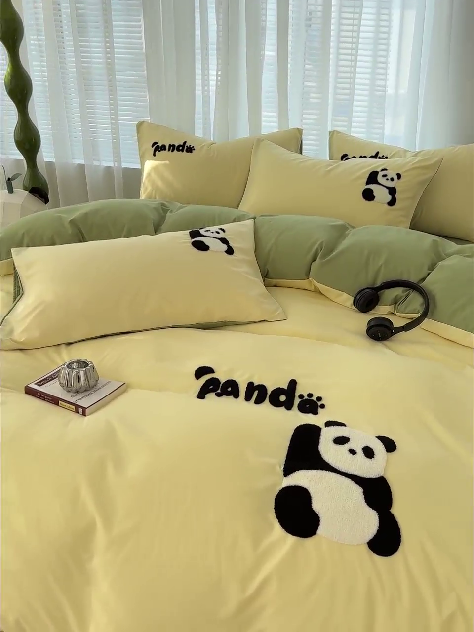 91家纺网 家纺一手货源 找家纺 曼谷家纺 年新款熊猫毛巾绣四件套柔软磨毛床上用品水洗棉套件 熊猫-芝士绿