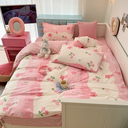 昔可家纺 2024新款全棉卡通印花四件套 粉色油画樱桃