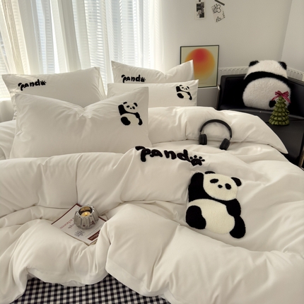 曼谷家纺 年新款熊猫毛巾绣四件套柔软磨毛床上用品水洗棉套件 熊猫-黑格