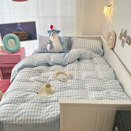 昔可家纺 2024新款全棉纯色格子系列四件套 冰川蓝格