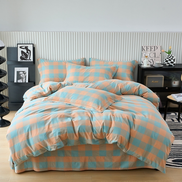 91家纺网 家纺一手货源 找家纺 三沁家居 2024新款格子色织全棉水洗棉四件套 宽边 沐梵