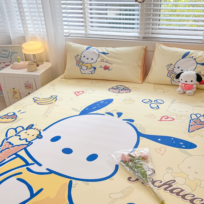 91家纺网 家纺一手货源 找家纺 金爱家 2024新款全棉三丽鸥正版大版单品床笠 贪吃帕哈狗