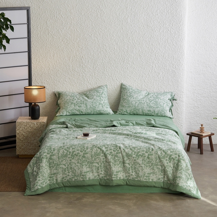 91家纺网 家纺一手货源 找家纺 安莱生活 2024新款高端双层纱栀子花色织大提花夏被及夏被四件套 栀子花-嫩绿