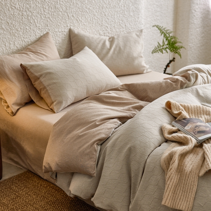 91家纺网 家纺一手货源 找家纺 安莱生活 2025新款双层纱色织提花波浪系列四件套 斜纹波浪 斜纹波浪-卡其