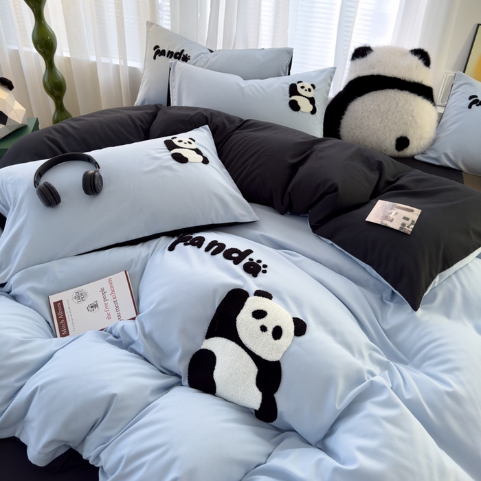 91家纺网 家纺一手货源 找家纺 曼谷家纺 年新款熊猫毛巾绣四件套柔软磨毛床上用品水洗棉套件 熊猫-淡蓝黑