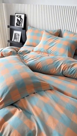 91家纺网 家纺一手货源 找家纺 三沁家居 2024新款格子色织全棉水洗棉四件套 宽边 沐梵