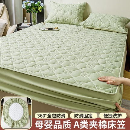 91家纺网 家纺一手货源 找家纺 恬澳家纺 2024款轻奢风A类原棉夹棉床笠 四叶草-青梅绿