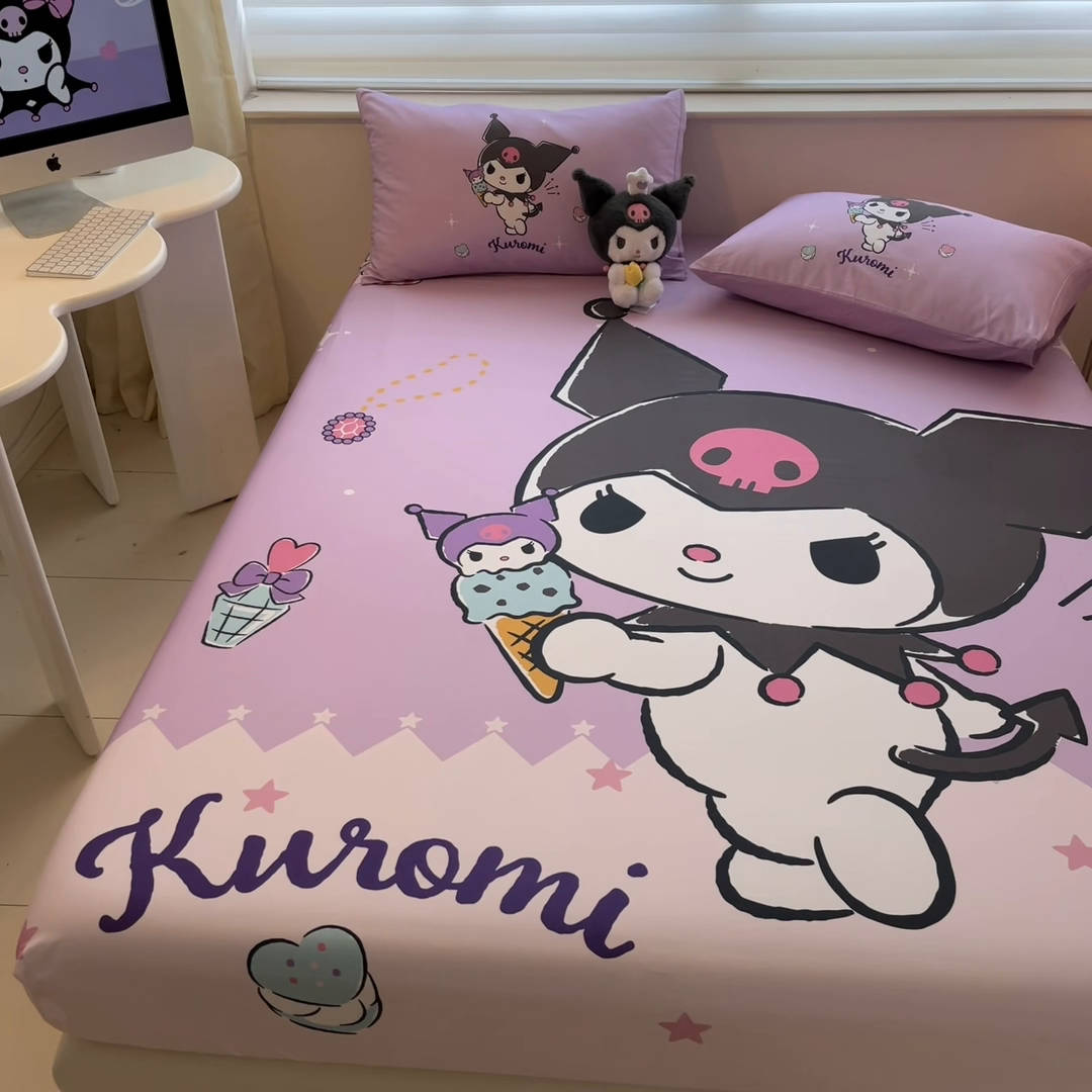 91家纺网 家纺一手货源 找家纺 金爱家 2024新款全棉三丽鸥正版大版单品床笠 冰淇淋库洛米