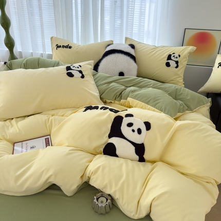 曼谷家纺 年新款熊猫毛巾绣四件套柔软磨毛床上用品水洗棉套件 熊猫-芝士绿