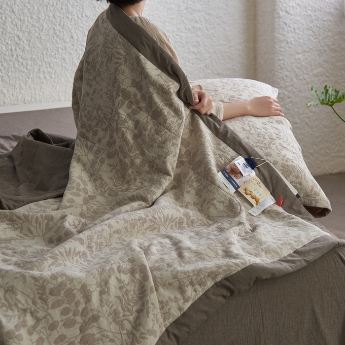 91家纺网 家纺一手货源 找家纺 安莱生活 2024新款高端双层纱栀子花色织大提花夏被及夏被四件套 栀子花-浅灰