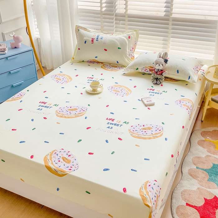 91家纺网 家纺一手货源 找家纺 楠沐家纺 2025新款亲肤印花芦荟棉水洗棉床笠系列 甜甜圈