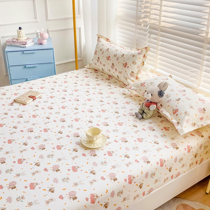 91家纺网 家纺一手货源 找家纺 楠沐家纺 2025新款亲肤印花芦荟棉水洗棉床笠系列 彩虹猴