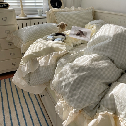 91家纺网 家纺一手货源 找家纺 （总）六巷胡同 2024新款全棉水洗棉韩系少女心花边格子四件套