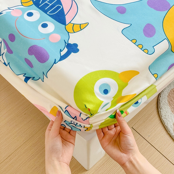 91家纺网 家纺一手货源 找家纺 楠沐家纺 2025新款亲肤印花芦荟棉水洗棉床笠系列 怪兽大学