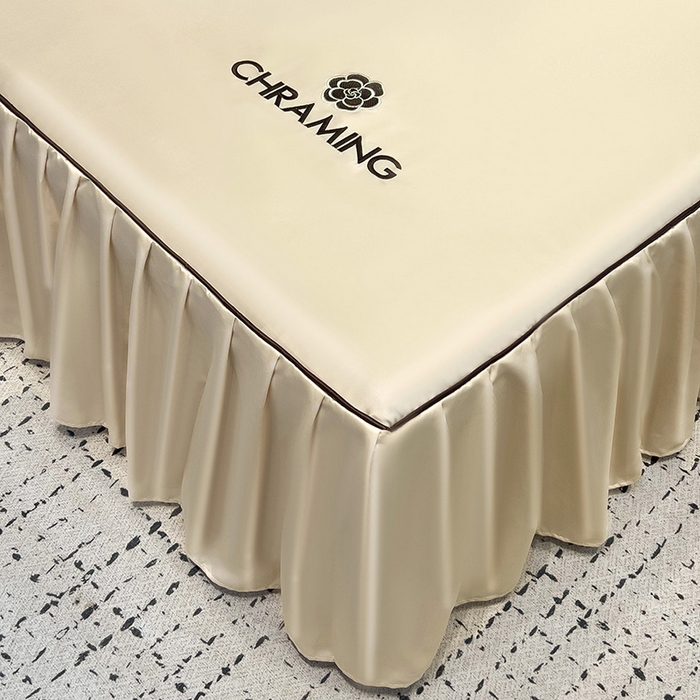 91家纺网 家纺一手货源 找家纺 极梦家纺（支持定制） 2025夏季新款纯色绣花水洗真丝单床裙三件套可提供买家秀 浅米驼