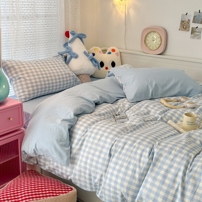91家纺网 家纺一手货源 找家纺 昔可家纺 2024新款全棉纯色格子系列四件套 冰川蓝格
