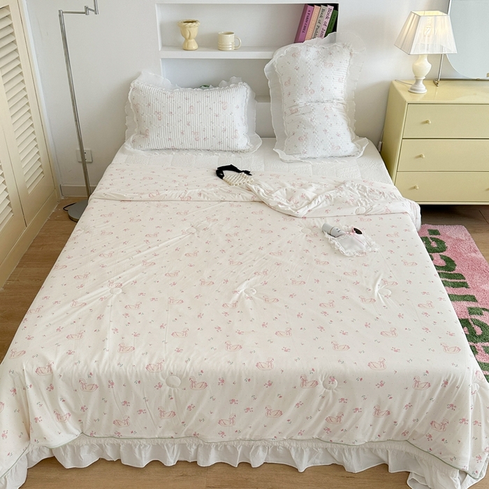 91家纺网 家纺一手货源 找家纺 昔可家纺 2024新款凉感冰皮床盖和同款夏被 蝴蝶结天鹅