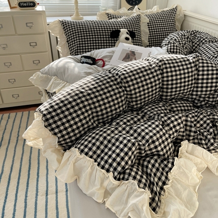 91家纺网 家纺一手货源 找家纺 （总）六巷胡同 2024新款全棉水洗棉韩系少女心花边格子四件套