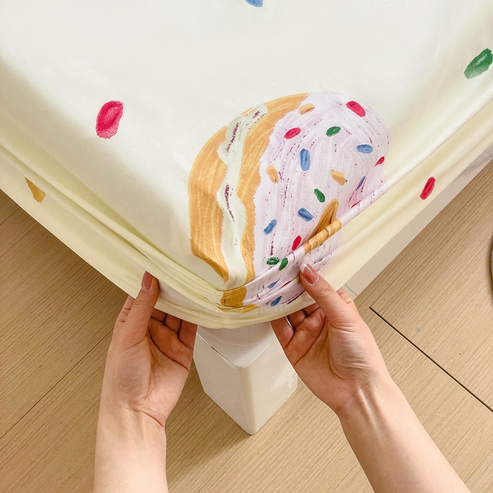 91家纺网 家纺一手货源 找家纺 楠沐家纺 2025新款亲肤印花芦荟棉水洗棉床笠系列 甜甜圈