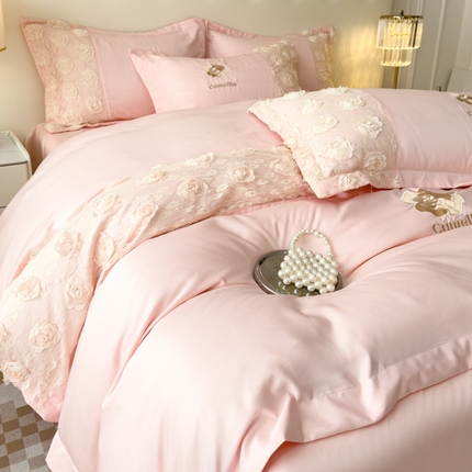 红嘴企鹅 2025新款水洗冰丝山茶花系列四件套 山茶花粉色