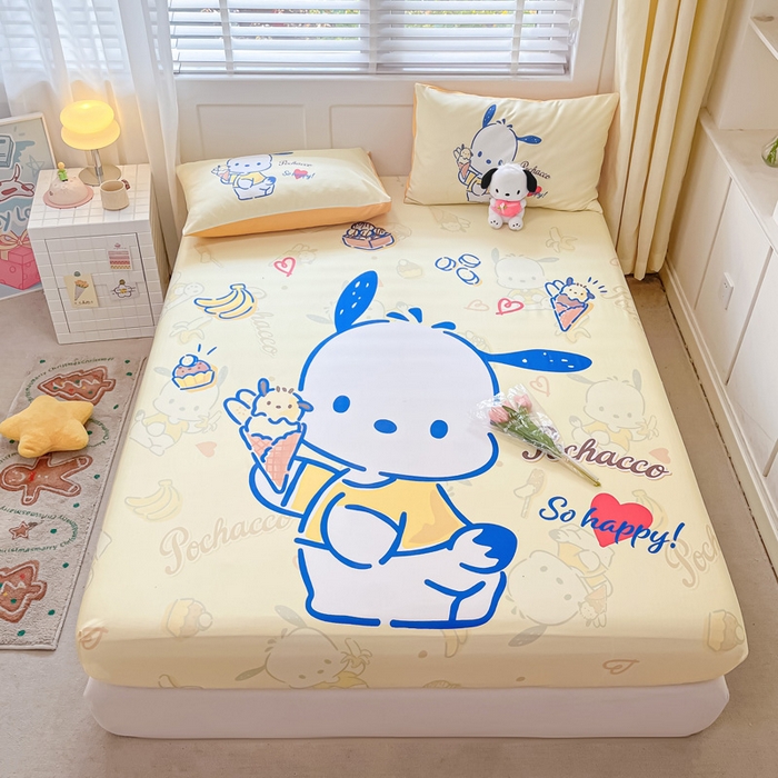 91家纺网 家纺一手货源 找家纺 金爱家 2024新款全棉三丽鸥正版大版单品床笠 贪吃帕哈狗