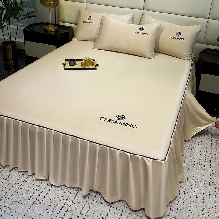 91家纺网 家纺一手货源 找家纺 极梦家纺（支持定制） 2025夏季新款纯色绣花水洗真丝单床裙三件套可提供买家秀 浅米驼