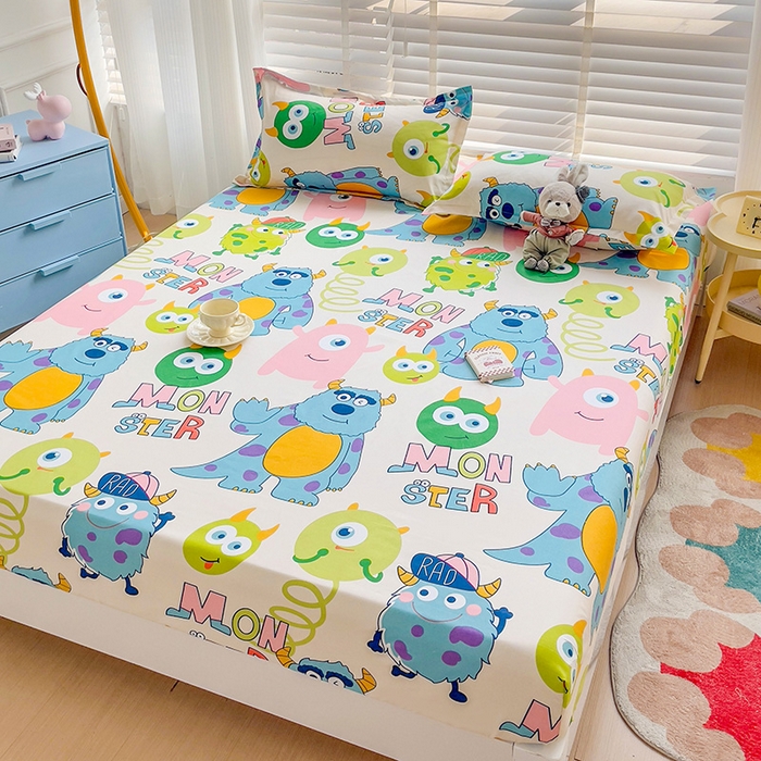 91家纺网 家纺一手货源 找家纺 楠沐家纺 2025新款亲肤印花芦荟棉水洗棉床笠系列 怪兽大学