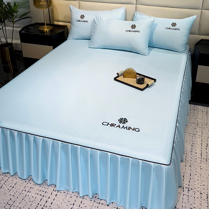 91家纺网 家纺一手货源 找家纺 极梦家纺（支持定制） 2025夏季新款纯色绣花水洗真丝单床裙三件套可提供买家秀 天水蓝