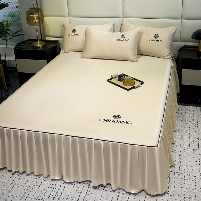 91家纺网 家纺一手货源 找家纺 极梦家纺（支持定制） 2025夏季新款纯色绣花水洗真丝单床裙三件套可提供买家秀 浅米驼