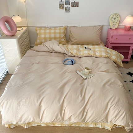 昔可家纺 2024新款全棉纯色格子系列四件套 芝芝肉桂