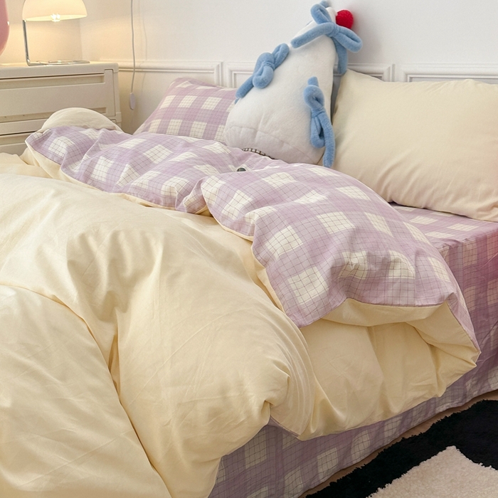 91家纺网 家纺一手货源 找家纺 昔可家纺 2024新款全棉纯色格子系列四件套 芋泥奶酪