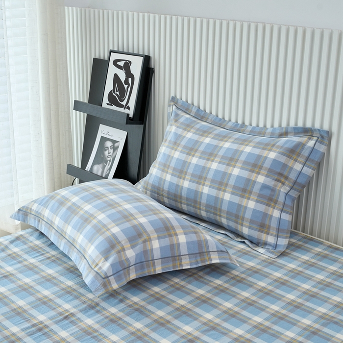 91家纺网 家纺一手货源 找家纺 三沁家居 2024新款格子色织全棉水洗棉四件套 宽边 简兮蓝