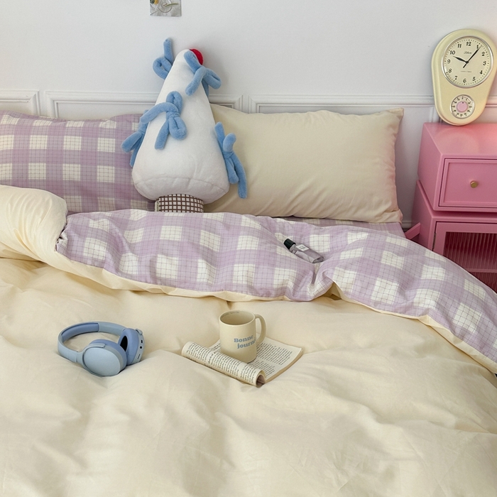 91家纺网 家纺一手货源 找家纺 昔可家纺 2024新款全棉纯色格子系列四件套 芋泥奶酪