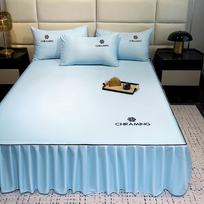 91家纺网 家纺一手货源 找家纺 极梦家纺（支持定制） 2025夏季新款纯色绣花水洗真丝单床裙三件套可提供买家秀 天水蓝