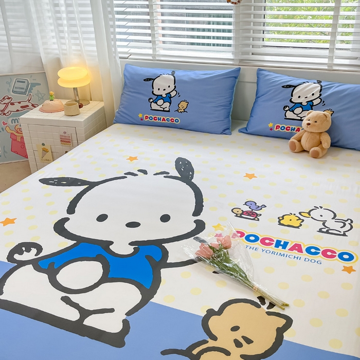 91家纺网 家纺一手货源 找家纺 金爱家 2024新款全棉三丽鸥正版大版单品床笠 星星帕哈狗