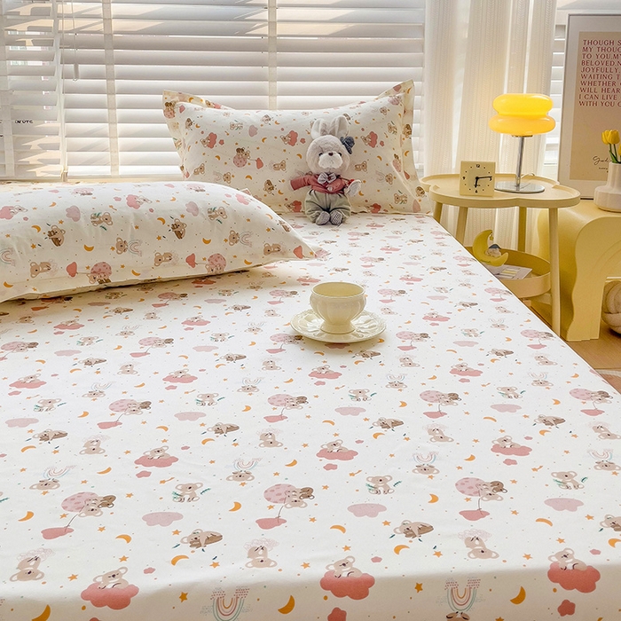 91家纺网 家纺一手货源 找家纺 楠沐家纺 2025新款亲肤印花芦荟棉水洗棉床笠系列 彩虹猴