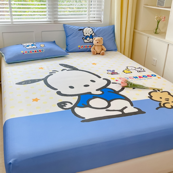 91家纺网 家纺一手货源 找家纺 金爱家 2024新款全棉三丽鸥正版大版单品床笠 星星帕哈狗