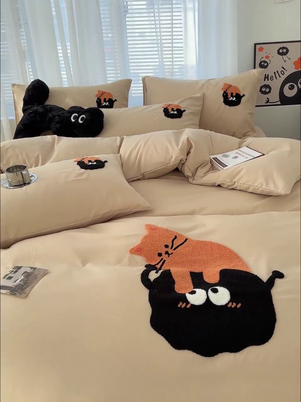 91家纺网 家纺一手货源 找家纺 曼谷家纺 年新款熊猫毛巾绣四件套柔软磨毛床上用品水洗棉套件 小猫-奶茶