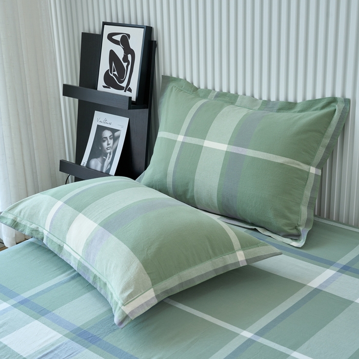91家纺网 家纺一手货源 找家纺 三沁家居 2024新款格子色织全棉水洗棉四件套 宽边 格调-绿