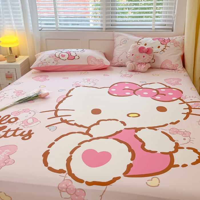 91家纺网 家纺一手货源 找家纺 金爱家 2024新款全棉三丽鸥正版大版单品床笠 爱心kt