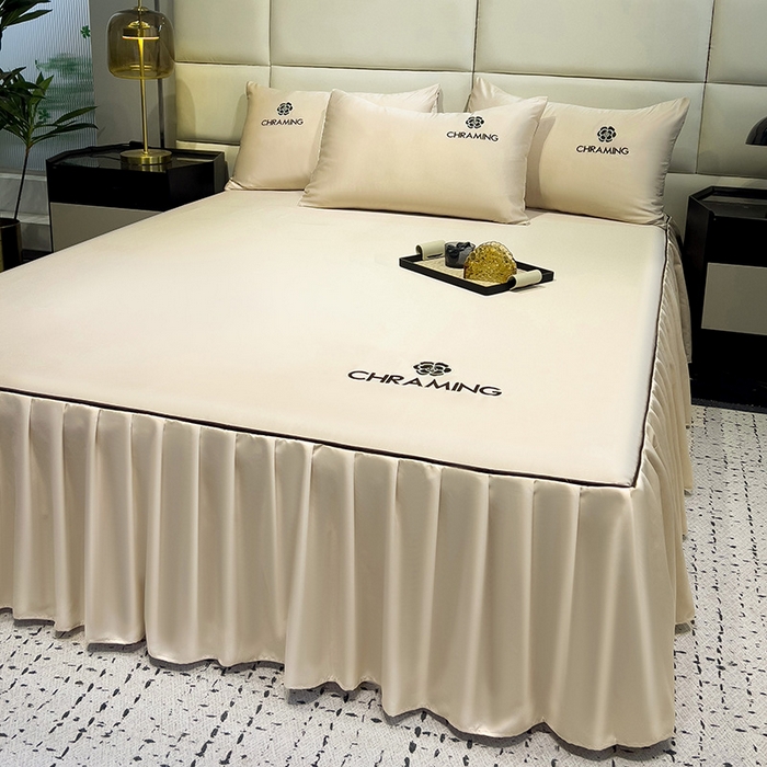 91家纺网 家纺一手货源 找家纺 极梦家纺（支持定制） 2025夏季新款纯色绣花水洗真丝单床裙三件套可提供买家秀 浅米驼