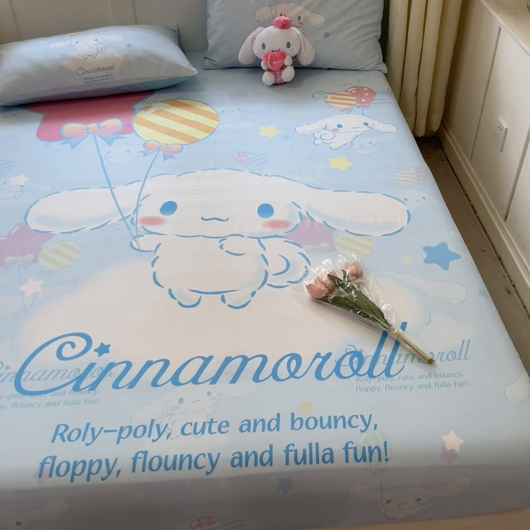 91家纺网 家纺一手货源 找家纺 金爱家 2024新款全棉三丽鸥正版大版单品床笠 气球玉桂狗