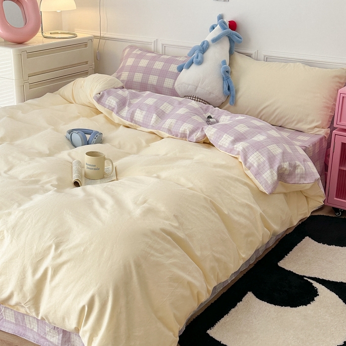 91家纺网 家纺一手货源 找家纺 昔可家纺 2024新款全棉纯色格子系列四件套 芋泥奶酪