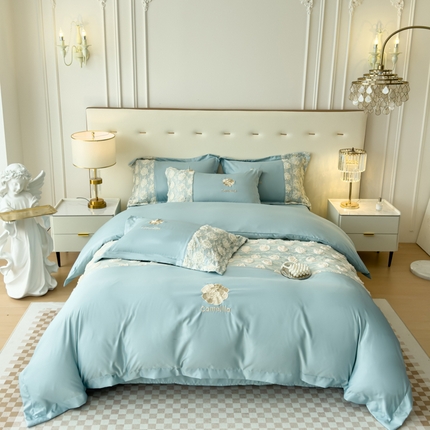 91家纺网 家纺一手货源 找家纺 红嘴企鹅 2025新款水洗冰丝山茶花系列四件套 山茶花蓝色