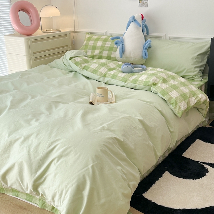 91家纺网 家纺一手货源 找家纺 昔可家纺 2024新款全棉纯色格子系列四件套 青柠薄荷