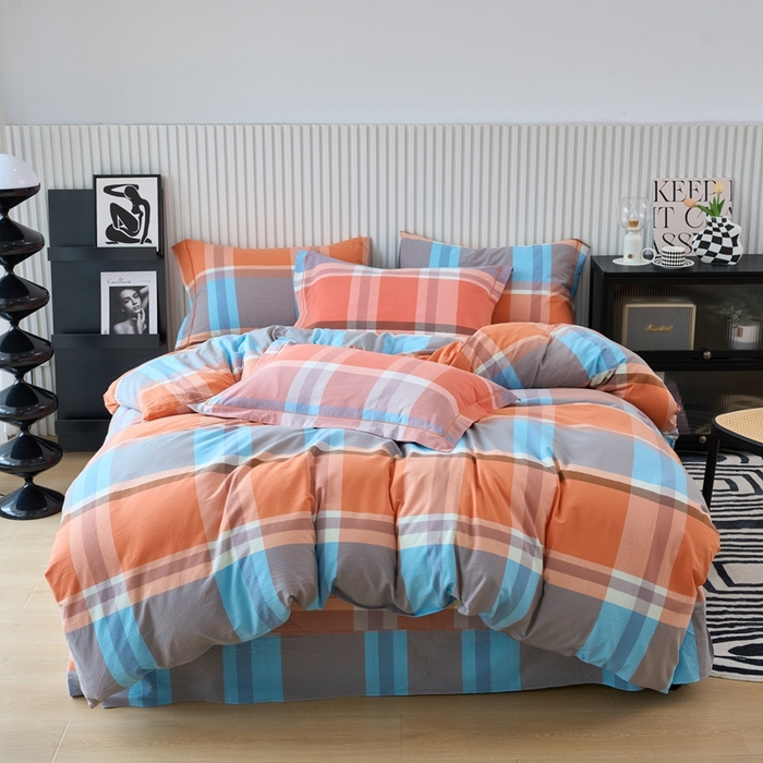 91家纺网 家纺一手货源 找家纺 三沁家居 2024新款格子色织全棉水洗棉四件套 宽边 爱丁堡